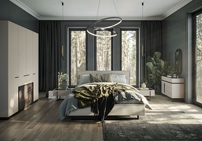 Спальня Милагро 1, тип кровати Мягкие, цвет Кашемир серый, Камень Пьетра, Черный графит